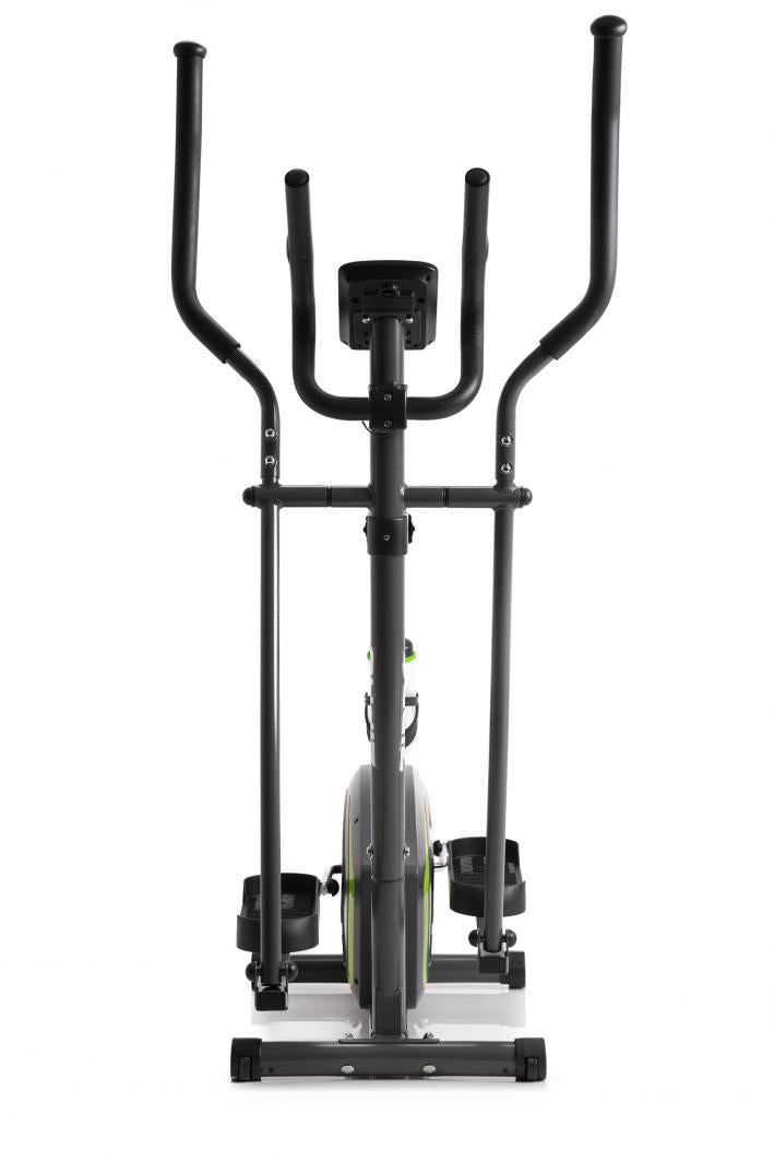 Crosstrainer i sort og grått med store håndtak, to pedaler og display midt på styret, sett rett forfra.