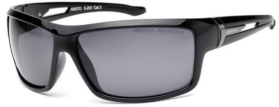 Solbriller i svart plast med grå, polariserte glass, brede stenger og moderne, buet design sett fra siden.