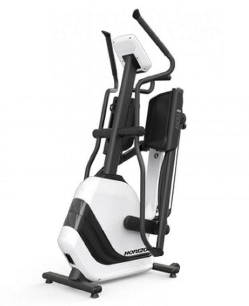 Cross Trainer sammenleggbar ellipsemaskin i hvit og sort, sett skrått forfra, pedalene slått sammen for lagring.