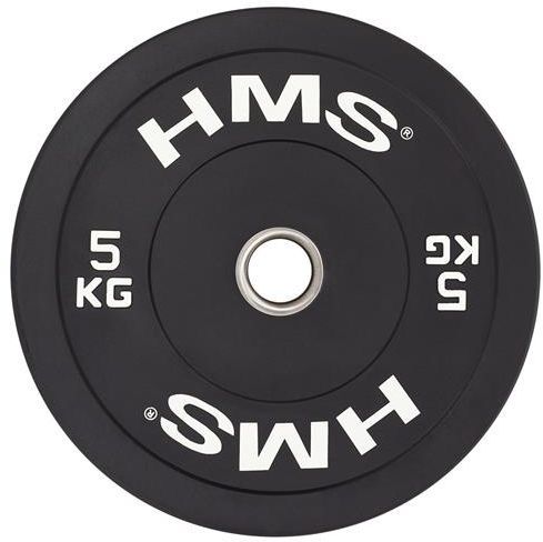 Vektplate i svart gummi med hvit 5 kg-merking, rund form og hull til olympisk stang, sett forfra.