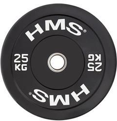 Vektplate i sort helgummi, 25 kg, metallforsterket senter, hvit HMS-logo og vektangivelse, sett forfra.