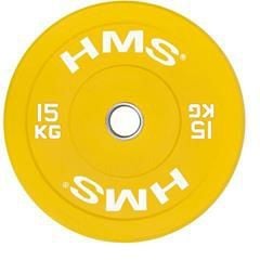 Vektskive 15kg olympisk bumper i gul gummi med hvit tekst og metallring i midten, sett ovenfra.