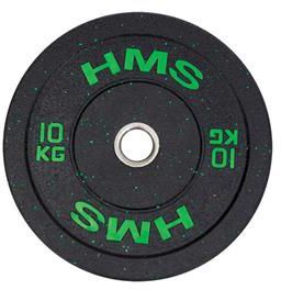 Vektskive på 10 kg i svart med grønne tall og bokstaver, metallforsterket hull, sett rett ovenfra.