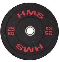 Vektskive på 25 kg i rød gummi med sort senter og 50,6 mm hull, liggende på hvit bakgrunn.