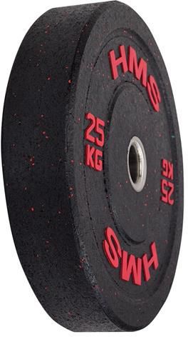 Vektplate på 25 kg i sort gummi med røde detaljer og metallring, vist fra skrå vinkel.