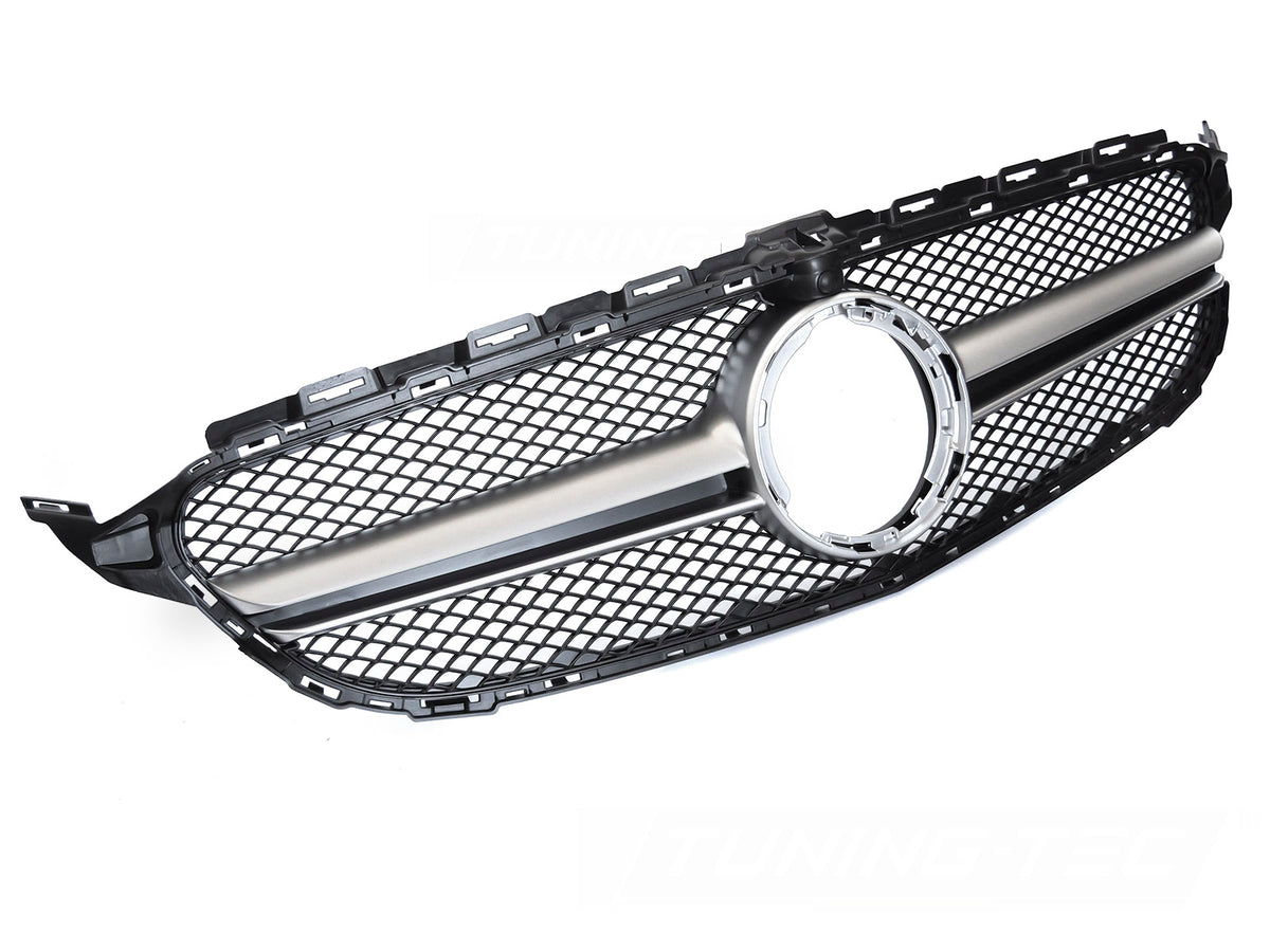Grill til Mercedes C-Klasse W205 18-23 i sort/sølv sett rett forfra på hvit bakgrunn.