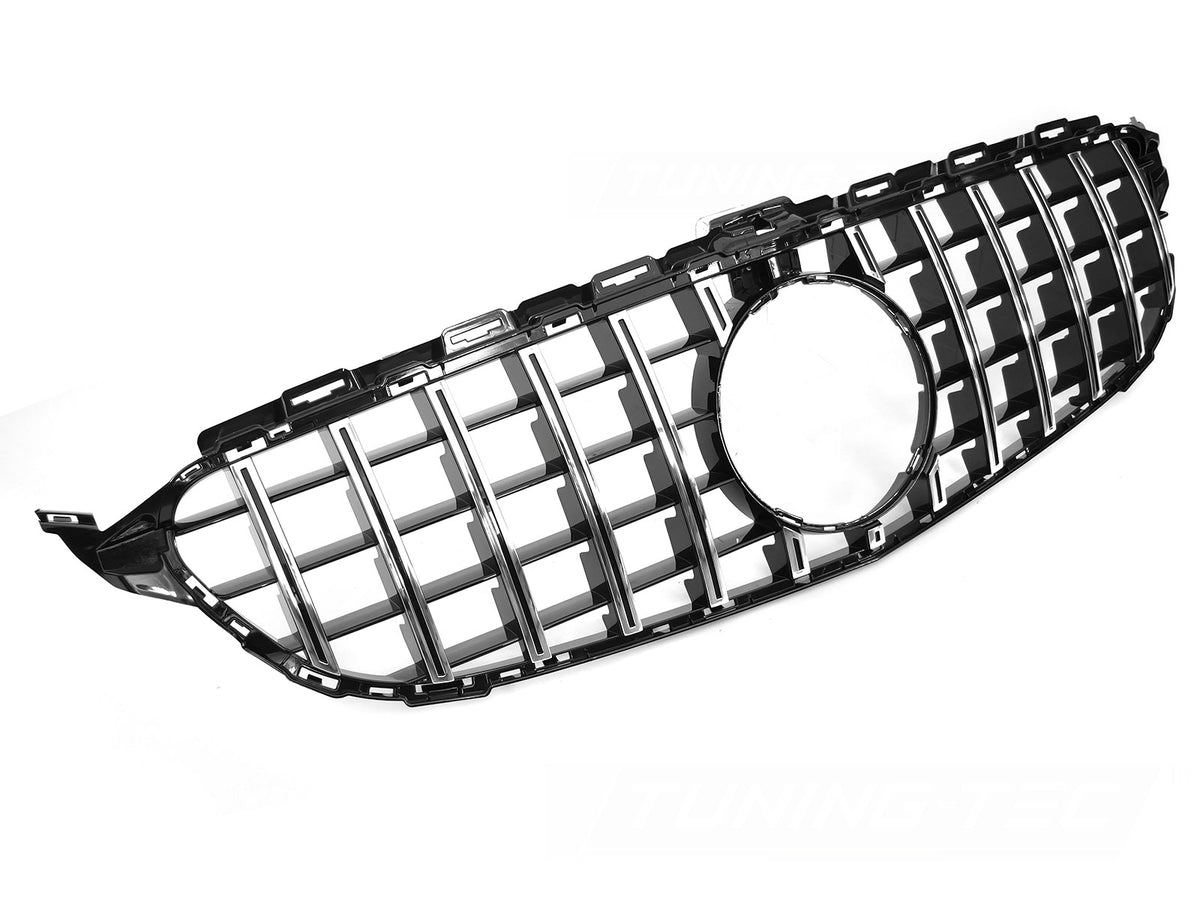 Grill til Mercedes C-Klasse W205 14-21 i sort/krom sett rett forfra på hvit bakgrunn.
