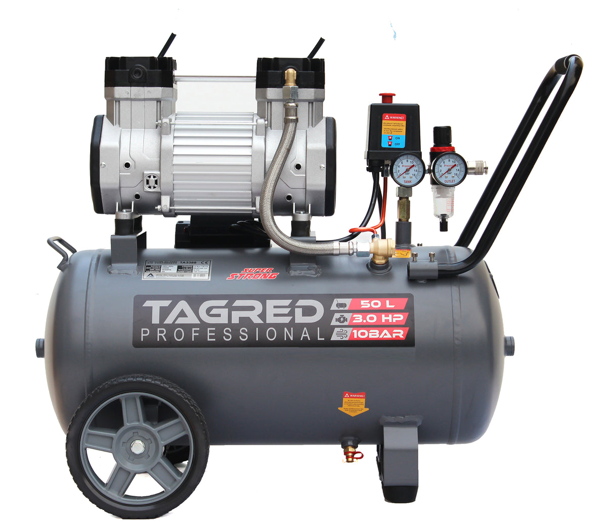 Kompressor Tagred TA3388 sett forfra med to manometre og trykkregulator