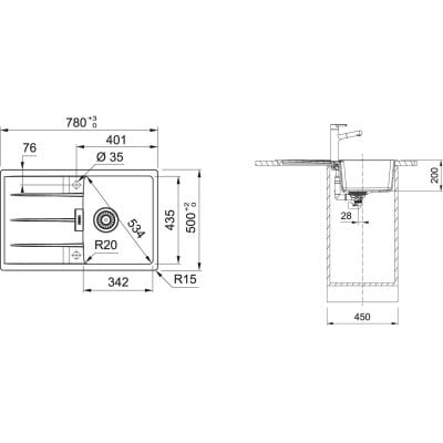 Måltegning Franke Centro CNG 611-78 – mål 780x500 mm