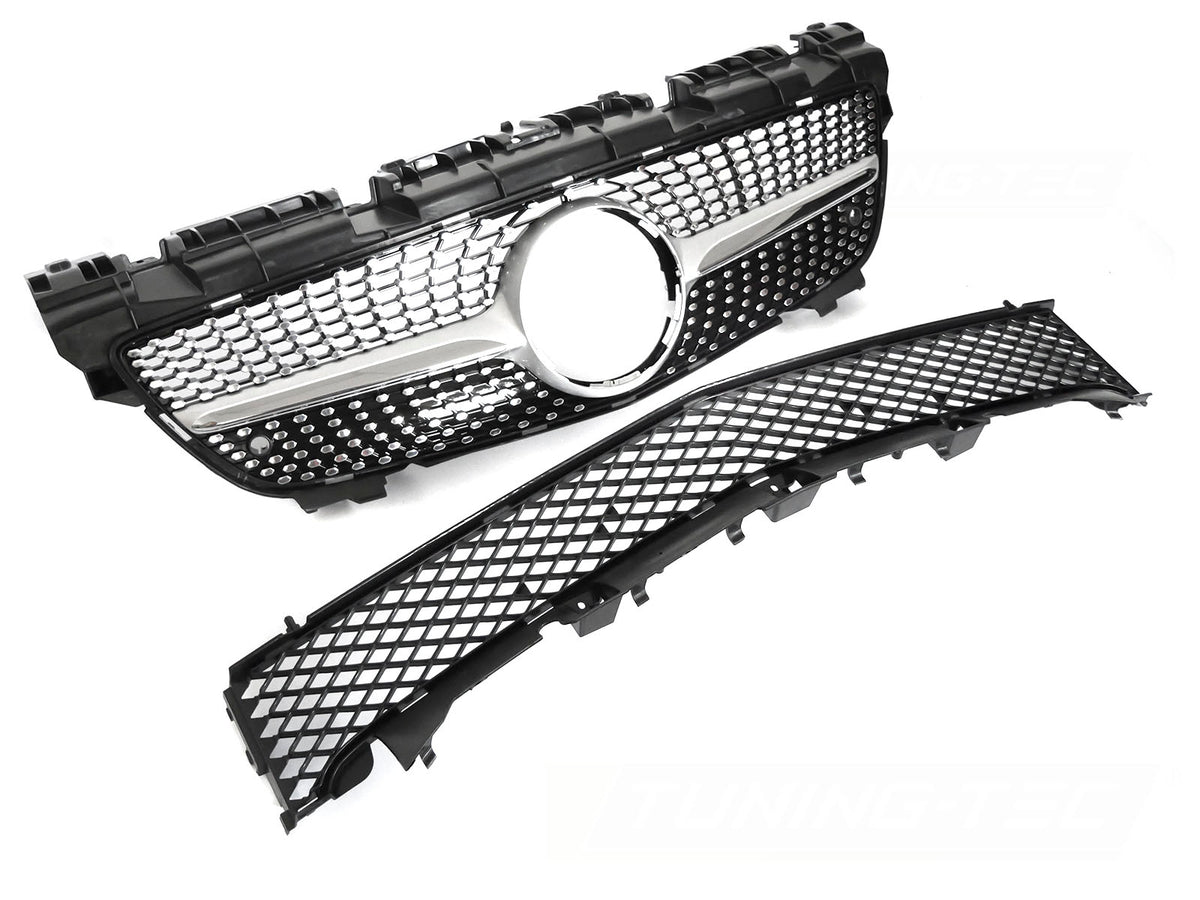 Grill til Mercedes SLK R172 11-15 i sølv/krom sett rett forfra på hvit bakgrunn.