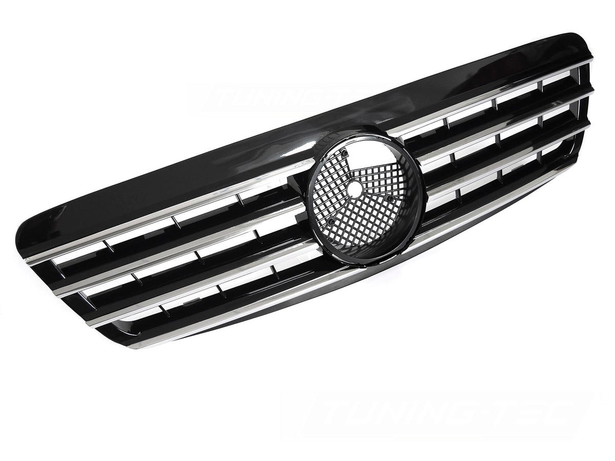 Grill til Mercedes S-Klasse W220 98-02 i krom/sort sett rett forfra på hvit bakgrunn.