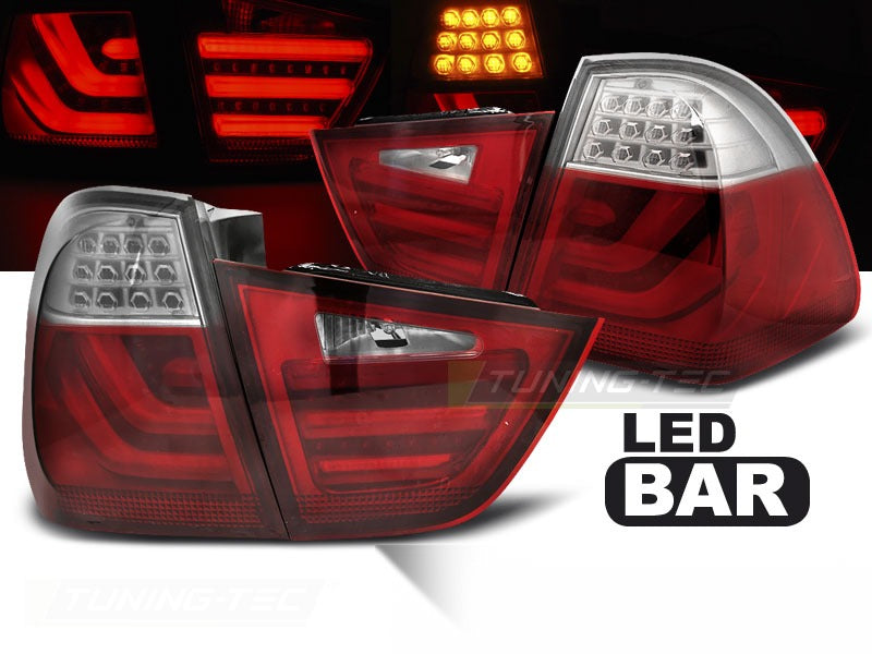 Baklykter LED Bar Red White til BMW E91 09-11 sett rett bakfra på hvit bakgrunn.