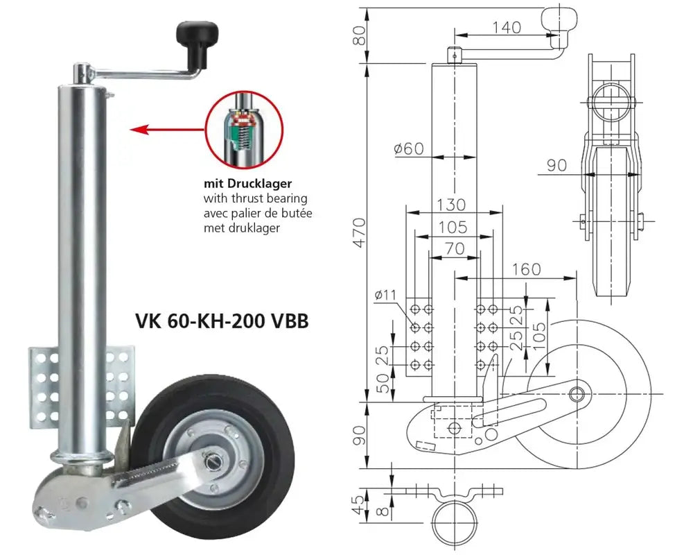 Automatisk Støttehjul for tilhenger Winterhoff VK 60-KH-200 VBB 250kg | Nomax.no🥇_1