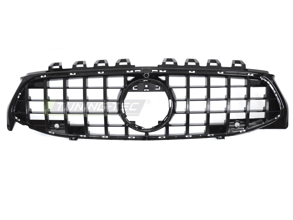 Detaljbilde av Grill Mercedes CLA W118 19-23 sort med lamellstruktur og emblemfeste.