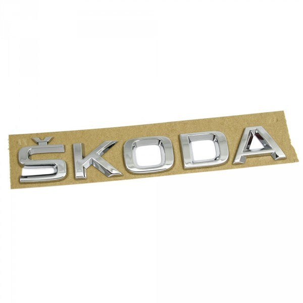Emblem/logo til Skoda Chrome i krom, originalt Skoda-merke for bakluke, UV- og temperaturbestandig