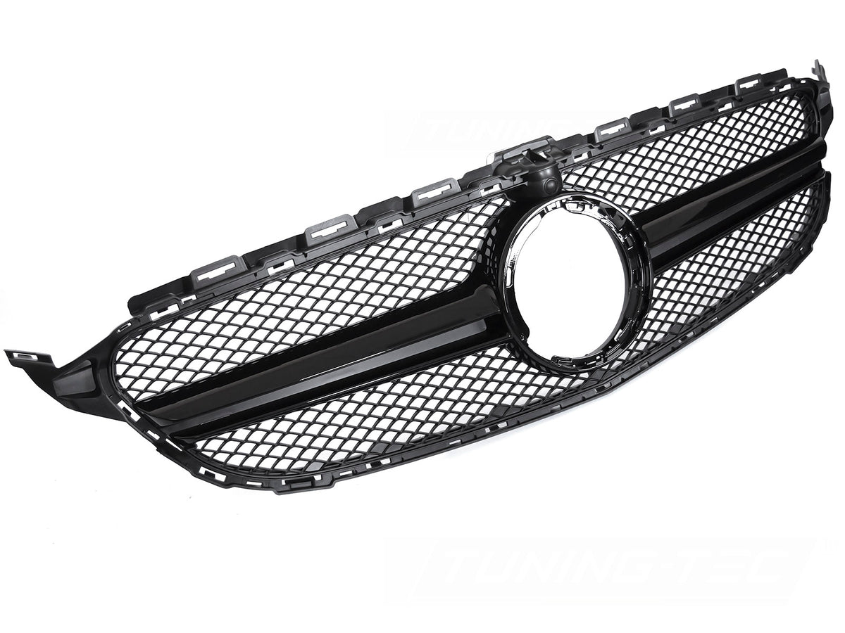 Grill til Mercedes C-Klasse W205 18-23 i sort sett rett forfra på hvit bakgrunn.