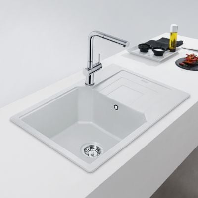 Franke Urban UBG 611-78 XL kjøkkenvask i hvit granittkompositt med avrenningsfelt sett ovenfra