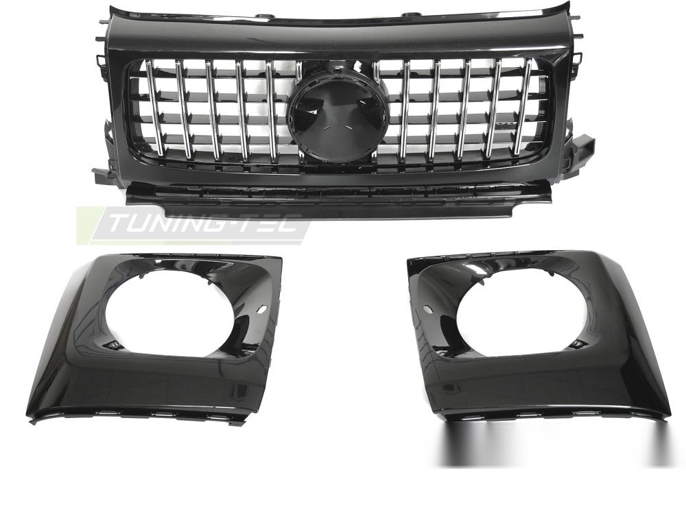 Detaljbilde av Grill Mercedes G-Klasse W464 18-24 med blank sort/krom finish.