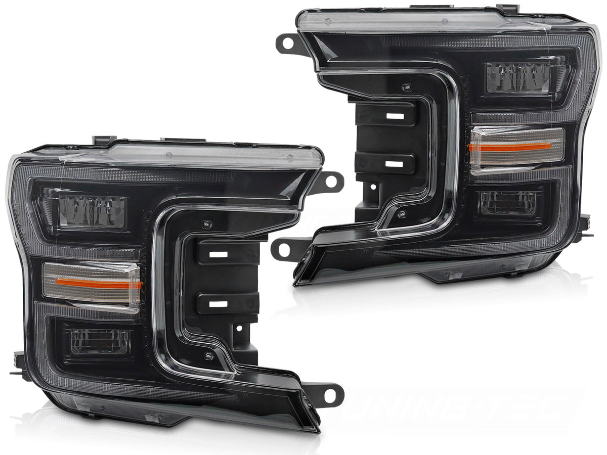 Frontlykter LED Black DRL Sequential til Ford F150 MK13 17-20 sett rett forfra på hvit bakgrunn.