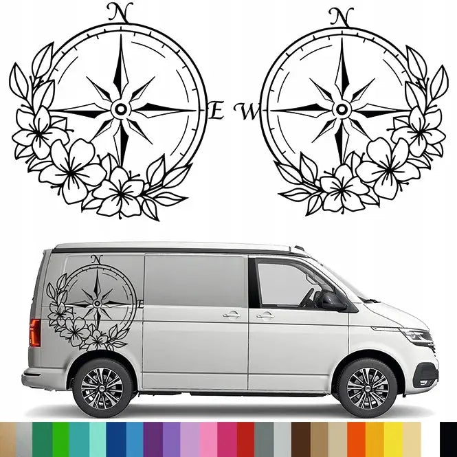 2x Klistremerke Grafikk Til Bobil Tilhenger Kompas Vindrose Blomster 90x92 Cm - 1