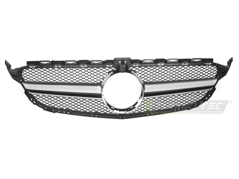 Detaljbilde av Grill C-Klasse W205 14-18 sort/sølv med lamellstruktur og emblemfeste.