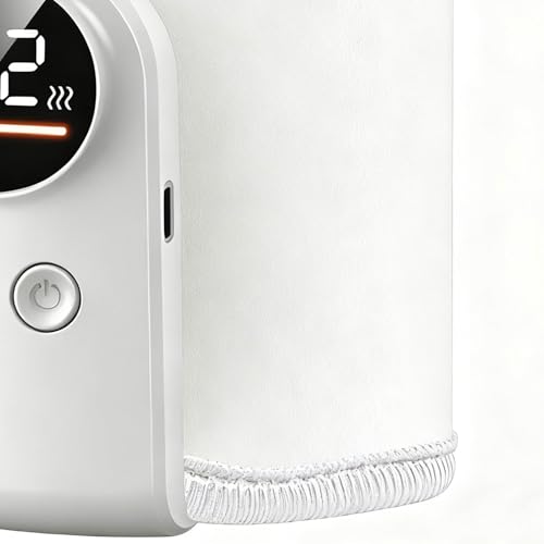 Flaskevarmer i hvit plast med digitalt display, knapp og mykt tekstilmateriale, sett fra siden.