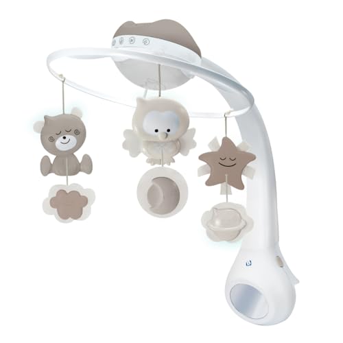 Sengehimmel med projektor, nattlys og babymobil i hvitt og beige, figurer som bjørn, ugle, stjerner og måne.