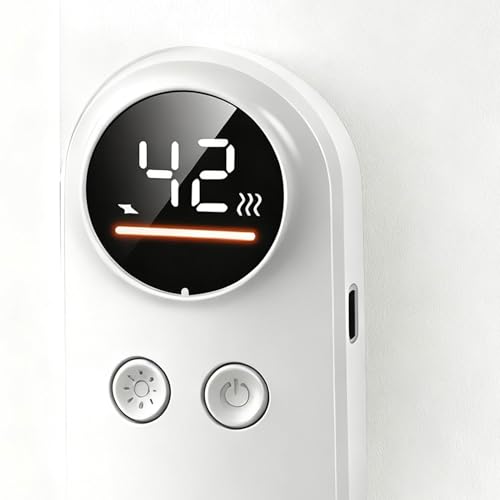Melkevarmer med digitalt display som viser 42, varmeindikator og to knapper, sett fra siden.