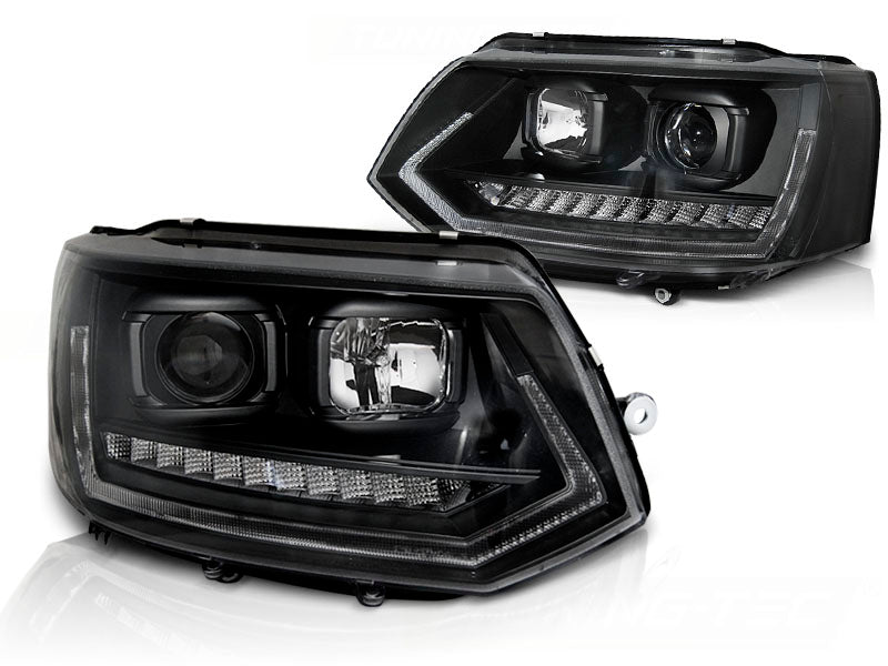 Frontlykter Tube Light DRL til VW T5 10-15 sett rett forfra på hvit bakgrunn.