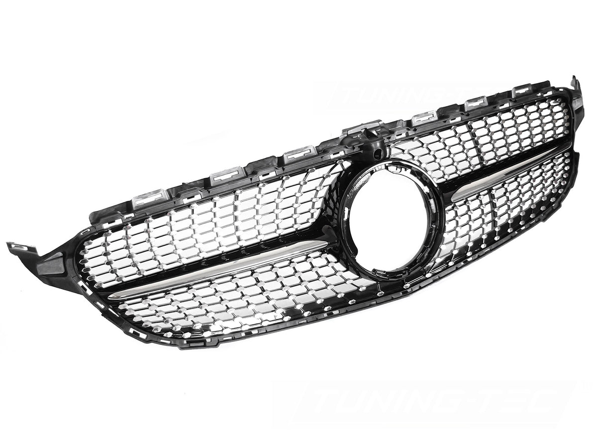 Grill til Mercedes C-Klasse W205 18-23 i sort/krom sett rett forfra på hvit bakgrunn.