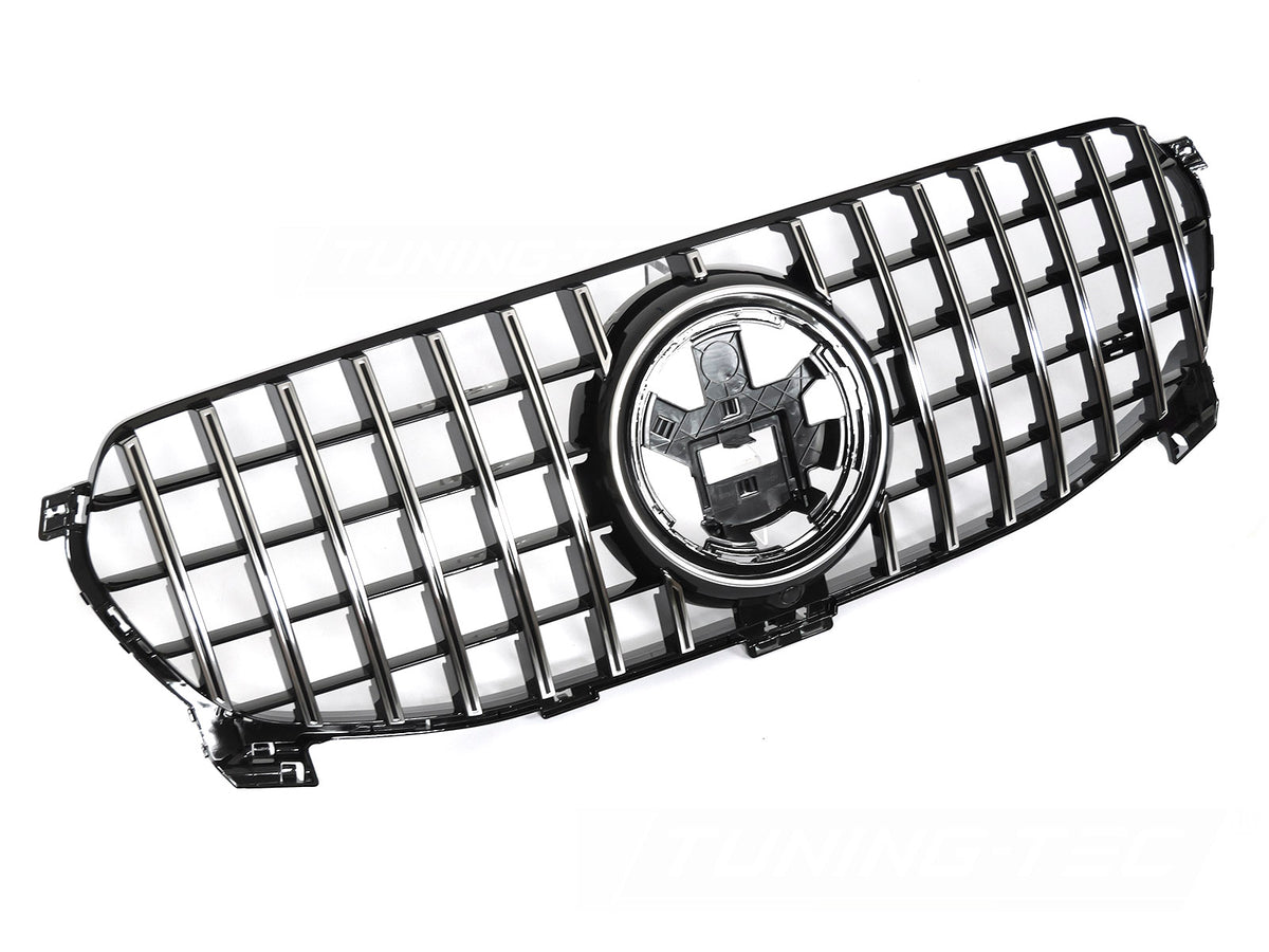 Grill GT Style til Mercedes GLE W167 19-23 i sort/krom sett rett forfra på hvit bakgrunn.