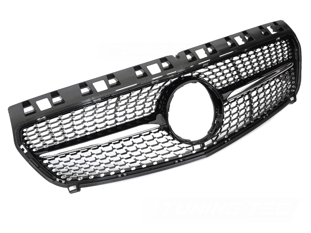 Grill til Mercedes A-Klasse W176 12-15 i sort/krom sett rett forfra på hvit bakgrunn.
