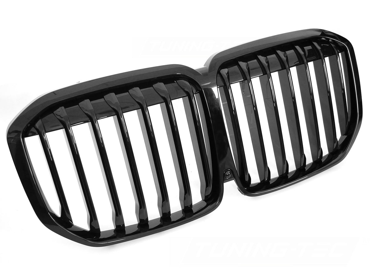 Grill til BMW X7 G07 18-22 i blank sort sett rett forfra på hvit bakgrunn.