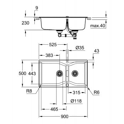 Måltegning Grohe K700 100-C – mål 900x500 mm