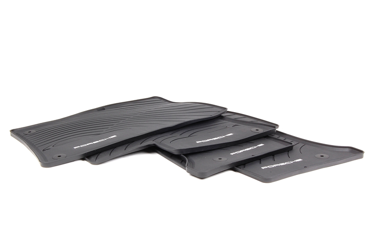 Porsche OEM All-Weather TPE gulvmatter til Porsche Cayenne I (9PA) 2002–2010 – svart med hvitt logo, 4 stk