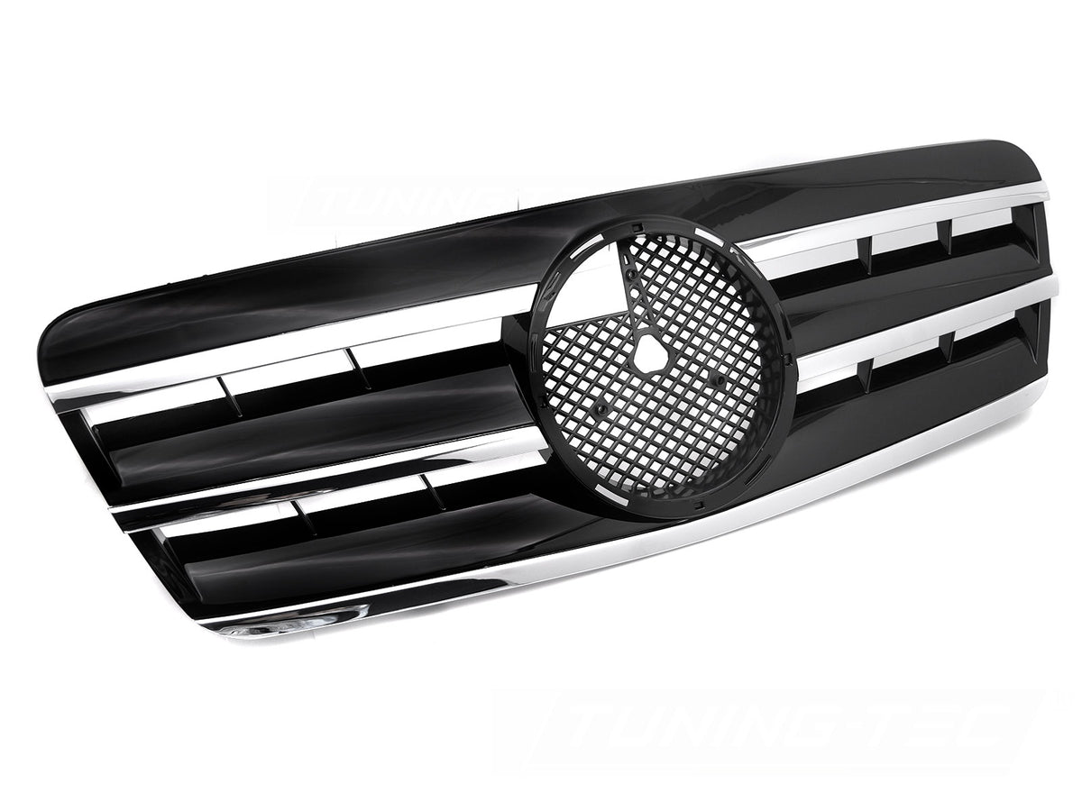 Grill til Mercedes CLK W208 96-02 i sort/krom sett rett forfra på hvit bakgrunn.