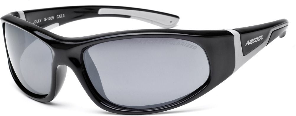 Solbriller Barn med svart og grå innfatning, speilglass og buet fasong, sett skrått forfra mot hvit bakgrunn.