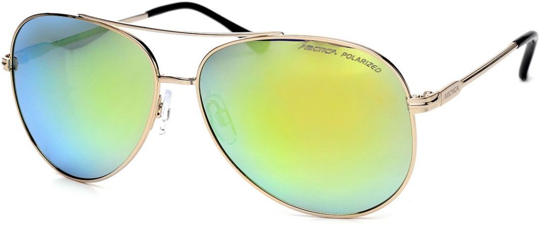 Sportsbriller med grønn-gule speilglass, gullfarget ramme, sorte tupper og justerbare neseputer, sett forfra skrått.