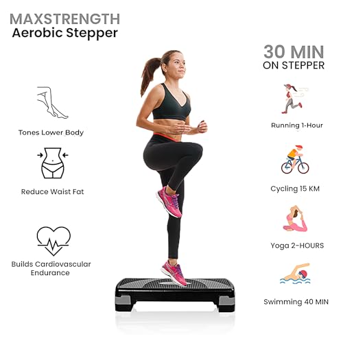 Stepper med kvinne som trener på sort aerobic stepper, omgitt av illustrasjoner og engelsk tekst om helsefordeler.