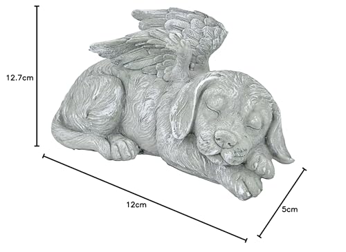 Gravstein Kjæledyr sovende hund med englevinger i grått steinlook, vist fra siden med engelske målestreker.