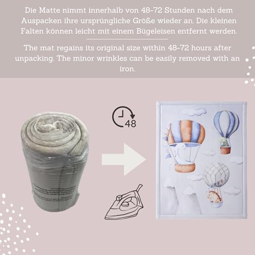 Babymatte sammenrullet til venstre og utbrettet med luftballongmotiv til høyre, informasjonsikoner foran.