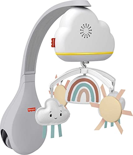Fisher-price Babymobil med sky, regnbue og solfigurer i pastellfarger, grå og hvit festearm, sett fra siden.