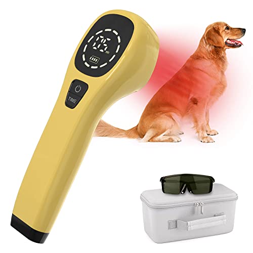Laserterapi apparat i gult med digitalt display, beskyttelsesbriller, oppbevaringsboks og hund som viser bruk.