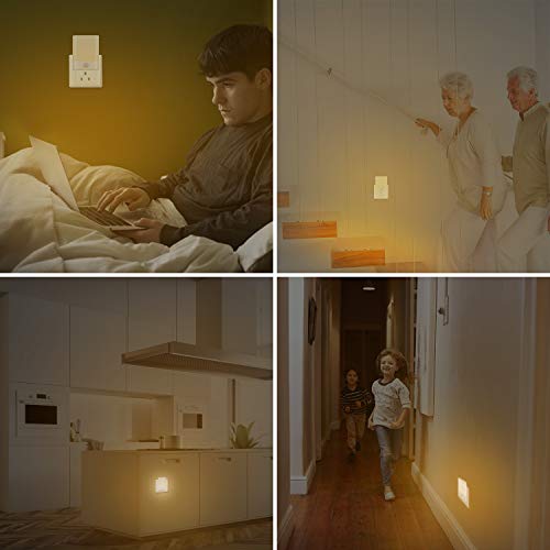 Nattlampe med bevegelsessensor og dimming plassert i stikkontakt, lyser varmt i soverom, gang, kjøkken og stue.