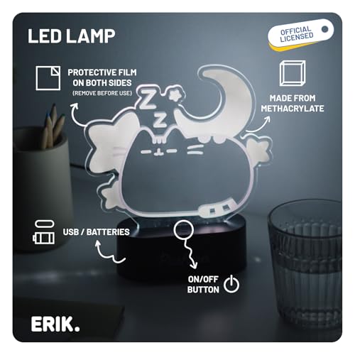 Nattlampe Barn med sovende katt og måne i gjennomsiktig methacrylat, USB-kabel og bryter vises på bordet.
