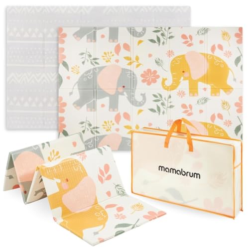 Lekematte sammenleggbar med elefantmotiv i gult, rosa og grått, vist utbrettet, brettet og med oppbevaringsbag.