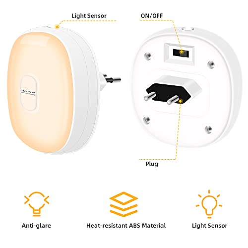 Nattlampe Barn i hvit plast med varm gul glød, synlig sensor, bryter og støpsel, samt engelske forklaringer.