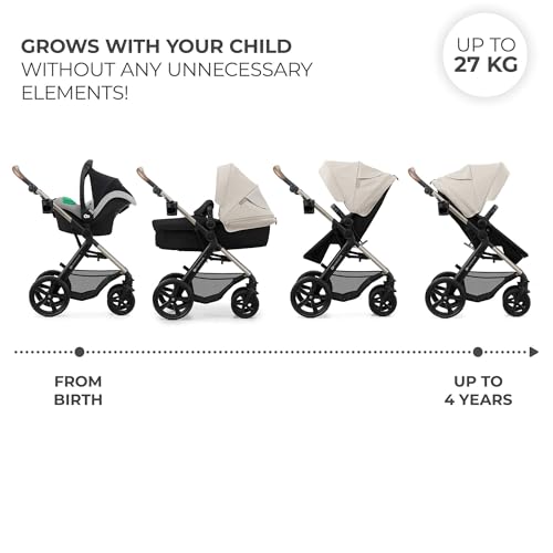 Vogn vist i fire varianter fra babybag til sportsvogn, sølv chassis, sorte hjul og lys beige sete og kalesje.
