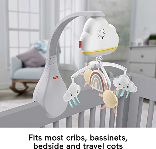 Babymobil med hvit og grå arm festet på sprinkelseng, skyformet høyttaler og fargerike figurer henger ned.