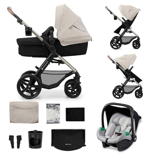 Barnevogn med svart understell, beige kalesje, store hjul og nettingkurv, tilbehør og ulike konfigurasjoner vises.